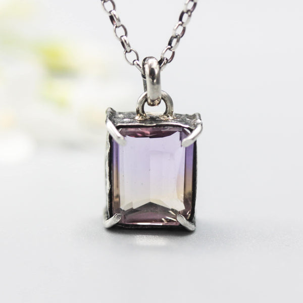 Faceted Ametrine necklace in silver bezel and prongs setting with oxidized sterling silver chain