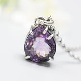 Faceted teardrop Amethyst necklace in silver bezel and prongs setting with oxidized sterling silver chain