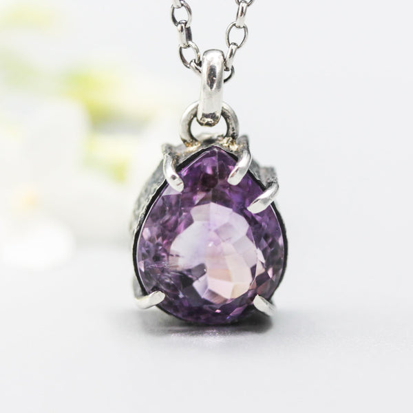 Faceted teardrop Amethyst necklace in silver bezel and prongs setting with oxidized sterling silver chain