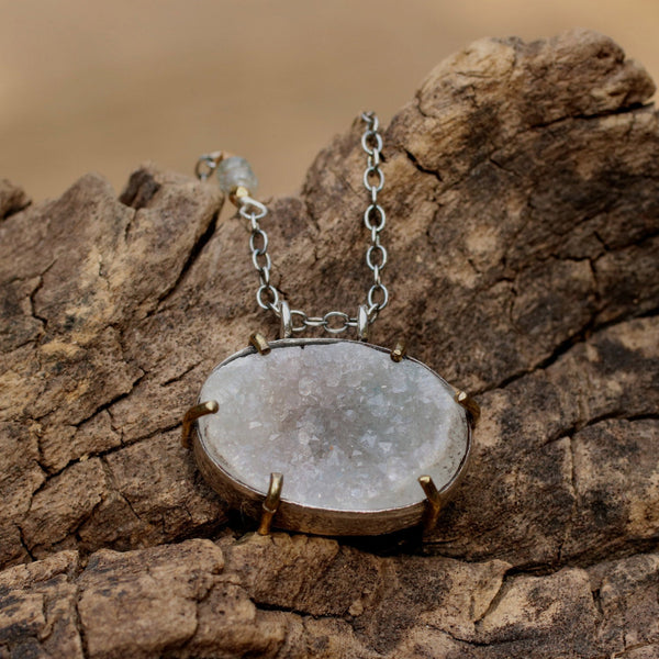 Oval cut lightly coloured raw druzy pendant necklace with silver chain - Metal Studio Jewelry