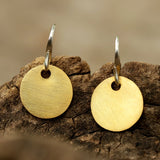 Gold plated brass discs earrings with matte finish and hangs on sterling silver hook - Metal Studio Jewelry