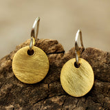 Gold plated brass discs earrings with matte finish and hangs on sterling silver hook - Metal Studio Jewelry
