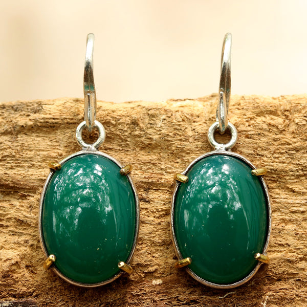 Green onyx cabochon earrings in silver bezel setting with polished brass accent prongs - Metal Studio Jewelry