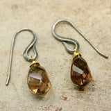 Smoky quartz drops twist faceted earrings with oxidized sterling silver hooks - Metal Studio Jewelry