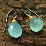 blue chalcedony drops faceted earrings with oxidized sterling silver hooks - Metal Studio Jewelry