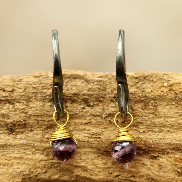 Amethyst faceted bead earrings with oxidized sterling silver hooks - Metal Studio Jewelry